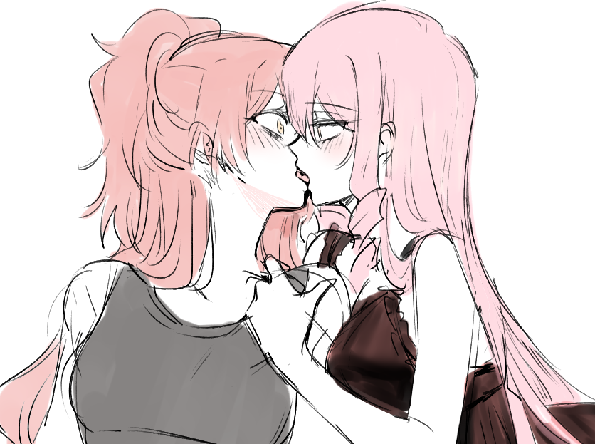 2girls aaaaddddd akuma_no_riddle black_camisole blush camisole commentary french_kiss grey_tank_top hand_on_another's_shoulder inukai_isuke kiss korean_commentary lingerie long_hair multiple_girls one_eye_closed pink_hair red_hair sagae_haruki simple_background tank_top tongue underwear upper_body white_background yuri