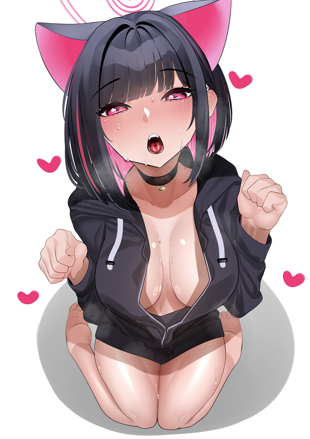 1girl animal_ears barefoot black_choker black_hair black_jacket blue_archive blush breasts cat_ears choker collarbone colored_inner_hair extra_ears from_above hair_ornament hairclip halo heart highres hood hood_down hooded_jacket jacket kazusa_(blue_archive) keishi_surota large_breasts long_sleeves looking_at_viewer multicolored_hair open_mouth partially_unzipped pink_hair pink_halo red_eyes short_hair simple_background soles solo sweat tongue white_background