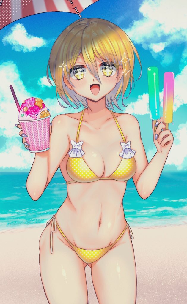 1girl beach bikini bow breasts cowboy_shot don_quixote_(project_moon) food happy limbus_company looking_at_viewer medium_breasts navel njaja_kanja ocean open_mouth outdoors popsicle project_moon shaved_ice sky smile solo sparkling_eyes swimsuit white_bow yellow_bikini