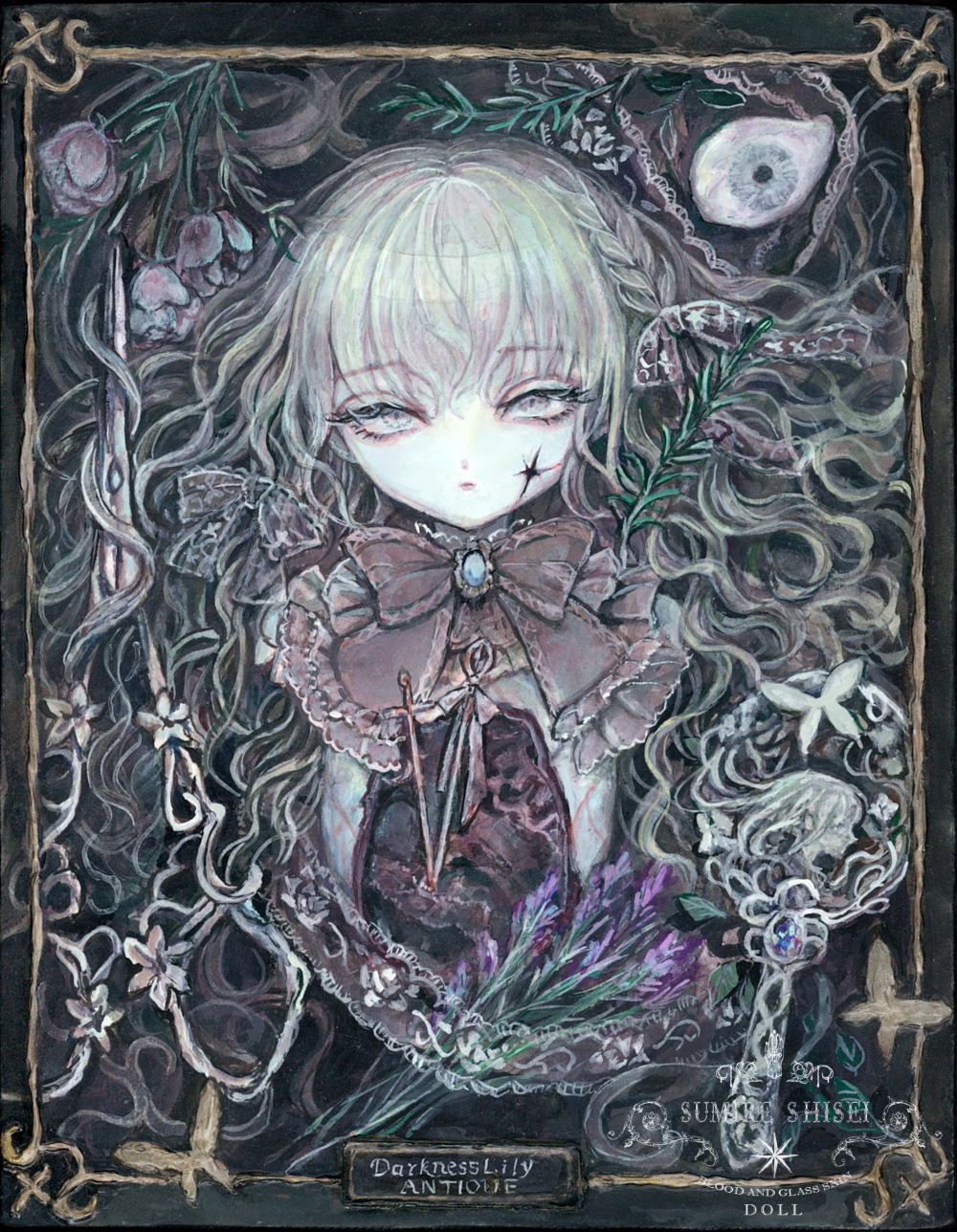 1girl acrylic_paint_(medium) bow bowtie brooch commentary_request cracked_skin doll dress expressionless flower highres jewelry lace long_hair looking_at_viewer original painting_(medium) pale_skin portrait solo sumire_shisei traditional_media wavy_hair white_eyes white_hair