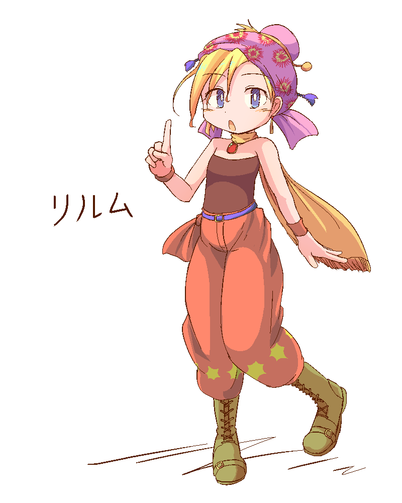 1girl blue_eyes boots bracelet bright_pupils brooch character_name cross-laced_footwear earrings final_fantasy final_fantasy_vi full_body hair_bun hazakurou head_scarf index_finger_raised jaggy_lines jewelry open_mouth pants print_headwear red_pants relm_arrowny scarf shirt solo strapless strapless_shirt white_pupils yellow_scarf