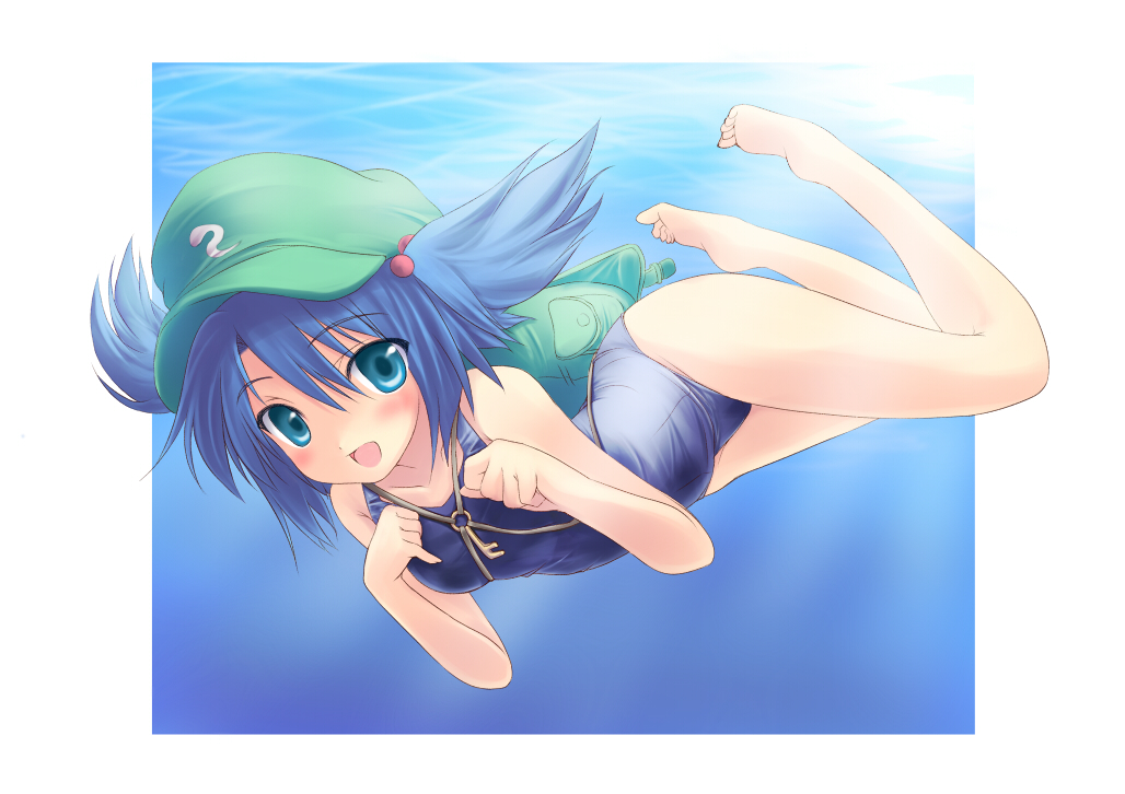 backpack bag barefoot blue_eyes blue_hair face feet foreshortening hair_bobbles hair_ornament hands hat kawashiro_nitori key nirap one-piece_swimsuit school_swimsuit short_hair smile solo swimming swimsuit touhou twintails two_side_up underwater