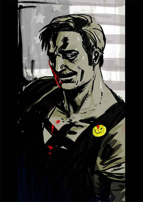 bad_id bad_pixiv_id blood blood_on_face buttons facial_hair inaba_taro male_focus muscle shadow smile smiley_face solo standing the_comedian watchmen