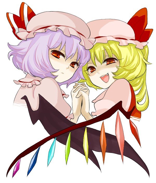 beniko blonde_hair flandre_scarlet hat multiple_girls red_eyes remilia_scarlet short_hair siblings sisters touhou wings