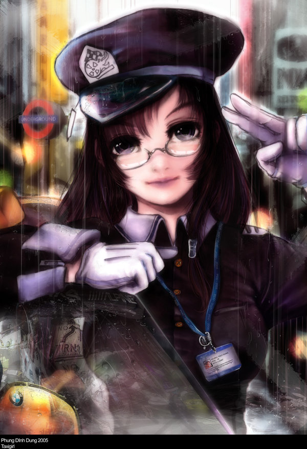 black_eyes black_hair female girl glasses rain uniform