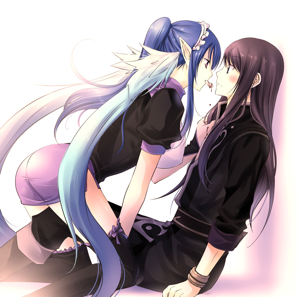 1girl all_fours alternate_costume blue_hair brown_hair couple elf enmaided hetero judith long_hair maid mouth_hold pointy_ears ponytail red_eyes shirt_grab sleeves_folded_up tales_of_(series) tales_of_vesperia thighhighs vanilla_(nicolla) yuri_lowell