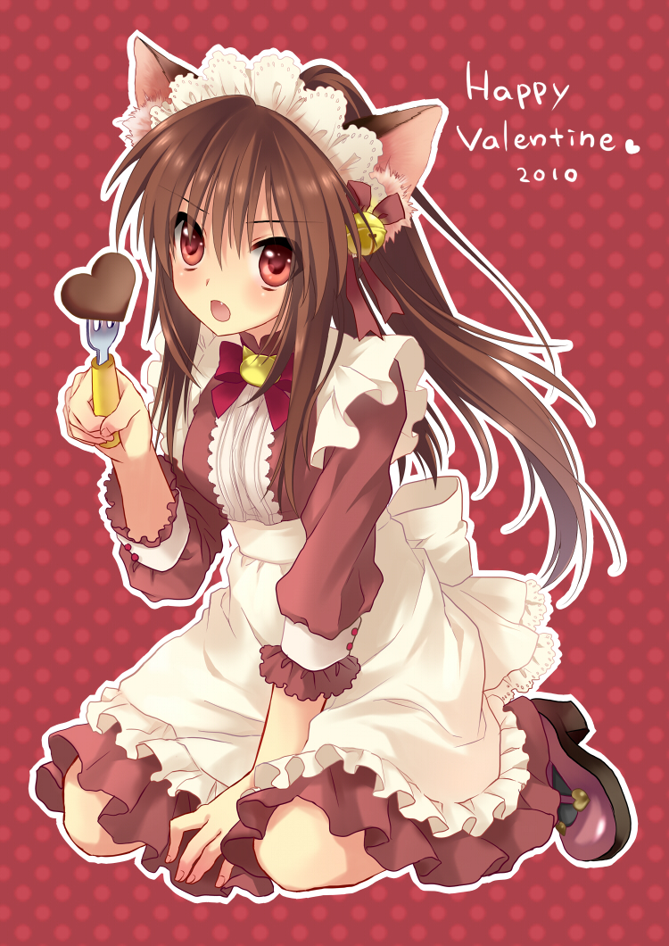 2010 animal_ears brown_hair cat_ears chocolate commentary_request fork happy_valentine heart little_busters! long_hair maid natsume_rin ponytail red_eyes sakura_neko solo valentine