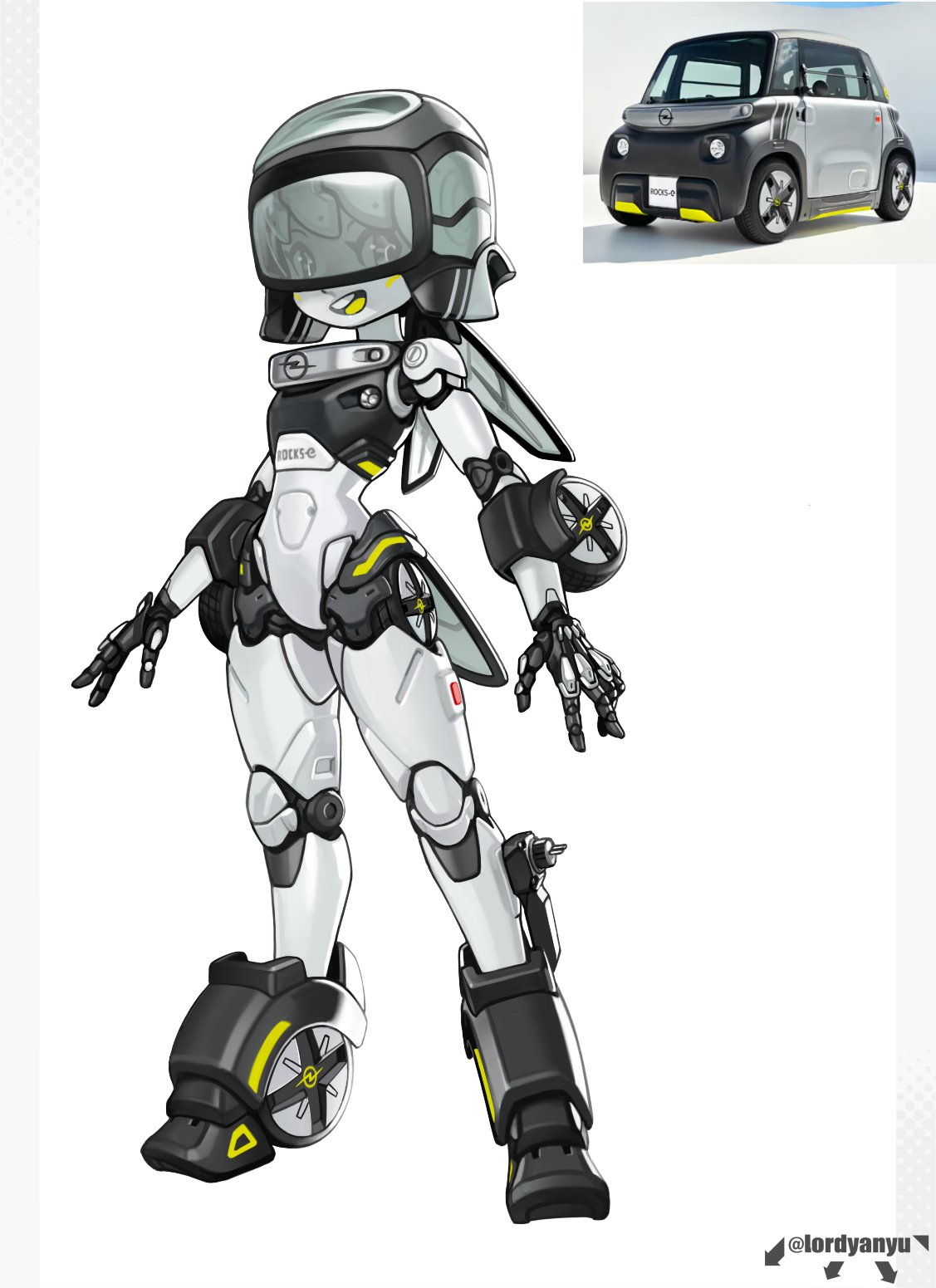 1girl :d arms_at_sides car colored_skin full_body helmet highres joints lordyanyu motor_vehicle original personification photo-referenced reference_inset robot_girl robot_joints smile solo standing teeth upper_teeth_only wheel white_skin
