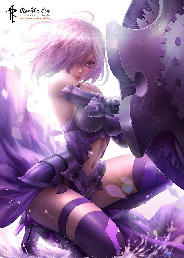 1girl armor armored_dress bangs bare_shoulders boots breasts closed_mouth commentary elbow_gloves english_commentary fate/grand_order fate_(series) faulds gloves hair_over_one_eye high_heel_boots high_heels holding_shield large_breasts lavender_hair looking_at_viewer mash_kyrielight navel navel_cutout purple_eyes purple_footwear purple_hair rachta_lin shield short_hair smile squatting thigh_strap thighhighs thighs