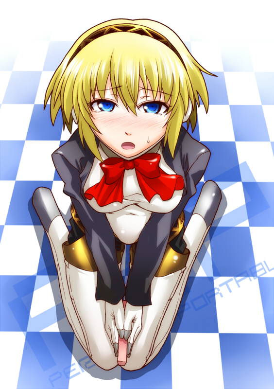 aegis_(persona) android blonde_hair blue_eyes blush bow chocolate from_above hairband kneeling open_mouth persona persona_3 ribbon segami_daisuke short_hair solo valentine