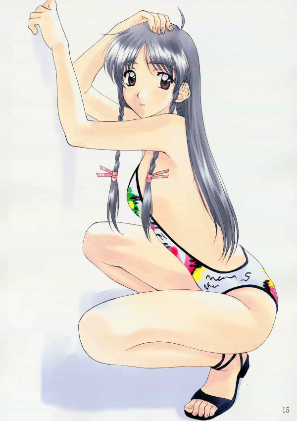 arms_up black_footwear blue_hair braid casual_one-piece_swimsuit eyebrows_visible_through_hair full_body hair_ribbon hand_on_head one-piece_swimsuit page_number parted_lips polorinken ribbon sandals sentimental_graffiti solo squatting sugihara_manami swimsuit twin_braids twintails