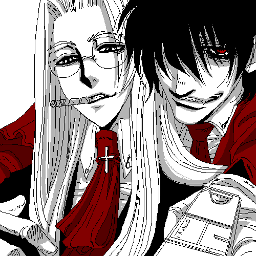 1girl alucard_(hellsing) couple cross fangs glasses gloves gun hands hellsing hetero integra_hellsing long_hair lowres monochrome oekaki red smile smoking solid&amp;etc vampire weapon white_gloves