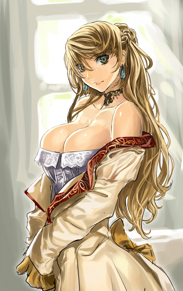 bare_shoulders blonde_hair blue_eyes breasts bursting_breasts cleavage copyright_request dress earrings formal huge_breasts jewelry light_rays long_hair looking_at_viewer off_shoulder ran'ou_(tamago_no_kimi) solo sunbeam sunlight window