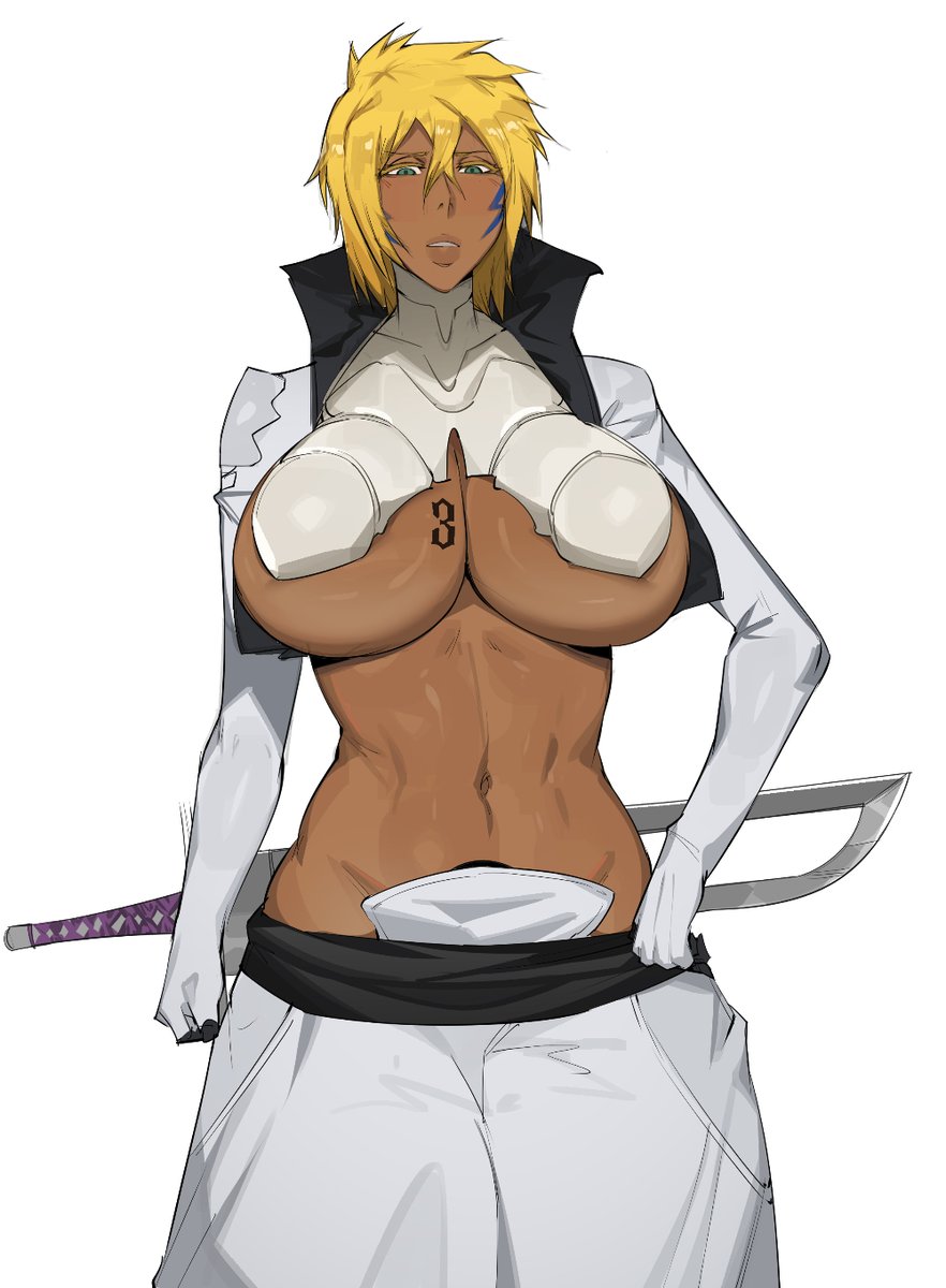 1girl arrancar bleach blonde_hair breasts cleavage collared_jacket dark-skinned_female dark_skin dr_octojuice facial_mark green_eyes highres hole huge_breasts jacket lips skirt spiked_hair sword tattoo tier_harribel toned toned_female weapon