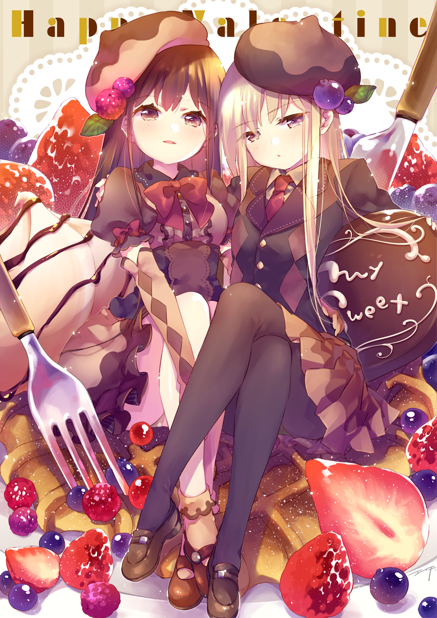 2girls bangs black_legwear blazer blueberry blueberry_hair_ornament blush bow brown_dress brown_eyes brown_footwear brown_gloves brown_hair brown_hat brown_jacket buttons center_frills chocolate collared_shirt commentary_request dark_skin dress ech elbow_gloves eyebrows_visible_through_hair food food_themed_hair_ornament fork fruit full_body gloves hair_between_eyes hair_ornament hat highres jacket knife legs_crossed loafers long_hair looking_at_viewer mary_janes multiple_girls necktie open_mouth original oversized_object panties panties_under_pantyhose pantyhose parted_lips purple_eyes raspberry_hair_ornament red_bow red_neckwear shirt shoes short_sleeves silver_hair sitting skirt smile strawberry underwear valentine white_shirt