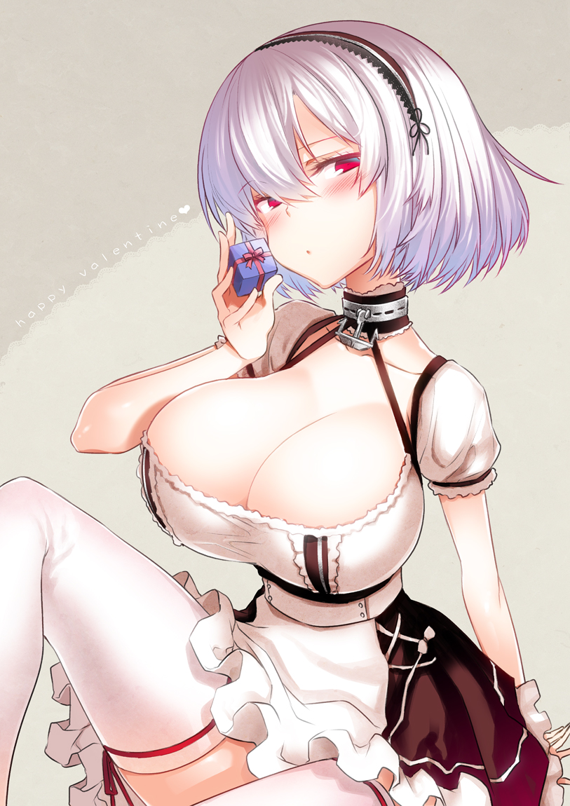 1girl anchor anchor_choker azur_lane bangs blush breasts choker cleavage collarbone commentary_request eyebrows_visible_through_hair gift hair_between_eyes hairband half-closed_eyes hand_up head_tilt hitotose_rin holding holding_gift huge_breasts lace-trimmed_choker lace-trimmed_hairband lace_trim looking_at_viewer puffy_sleeves red_eyes ribbon short_hair short_sleeves sidelocks sirius_(azur_lane) solo thighhighs thighs valentine white_hair white_legwear