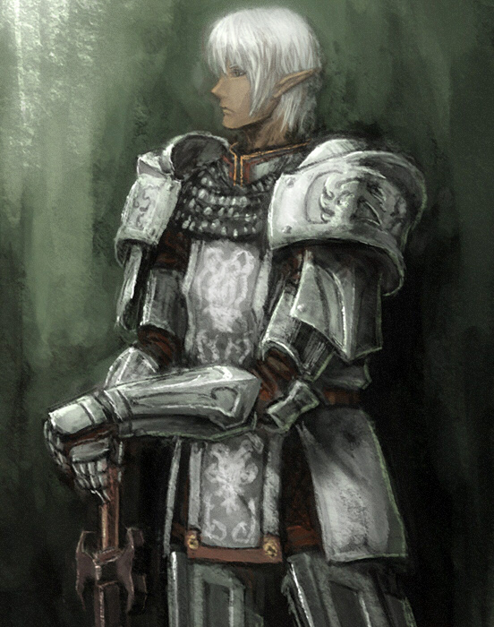 armor buront elf elvaan final_fantasy final_fantasy_xi gauntlets male_focus pointy_ears silver_hair solo sword the_iron_of_yin_and_yang weapon wiku