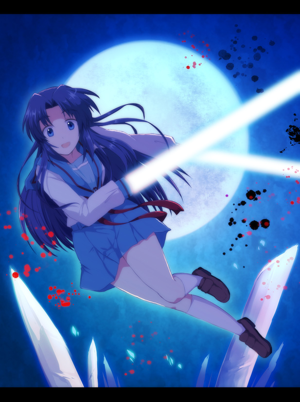 asakura_ryouko beams blade blood blue_eyes blue_hair inui_nagi kita_high_school_uniform long_hair moon school_uniform serafuku solo suzumiya_haruhi_no_yuuutsu