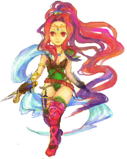 amanda_(seiken_densetsu) belt boots circlet dagger dual_wielding green_leotard holding jewelry knife leotard long_hair necklace ponytail red_eyes red_hair rinne_(maxbeat) seiken_densetsu seiken_densetsu_1 shoulder_pads sketch smile solo thighhighs traditional_media very_long_hair weapon