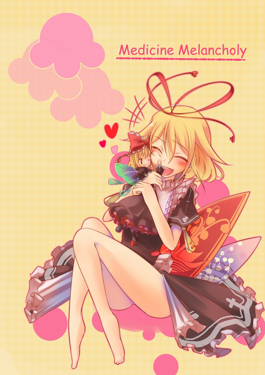 barefoot blonde_hair blush bottomless character_name cheek-to-cheek closed_eyes doll doll_hug hair_ribbon happy highres hug legs medicine_melancholy minigirl mito_(calcomer) ribbon short_hair smile solo su-san touhou wings