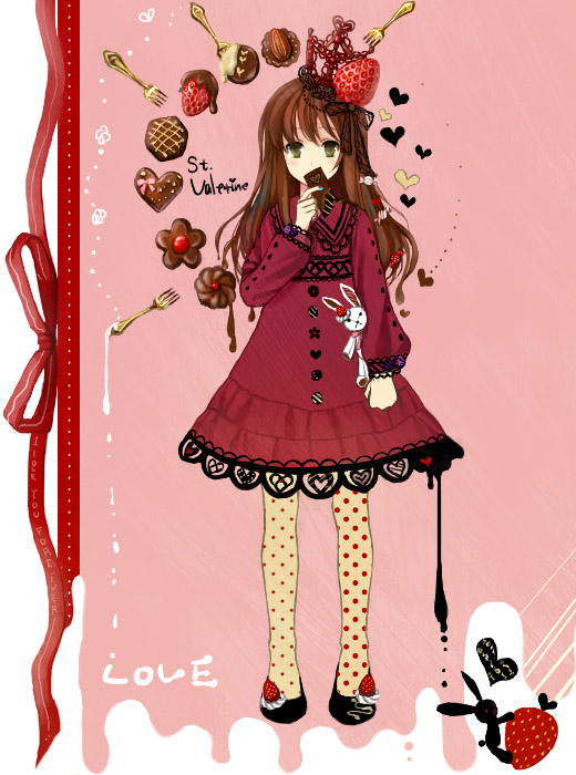 anko_kinako brown_hair bunny chocolate copyright_request food food_as_clothes food_themed_clothes fruit green_eyes heart pantyhose solo strawberry valentine