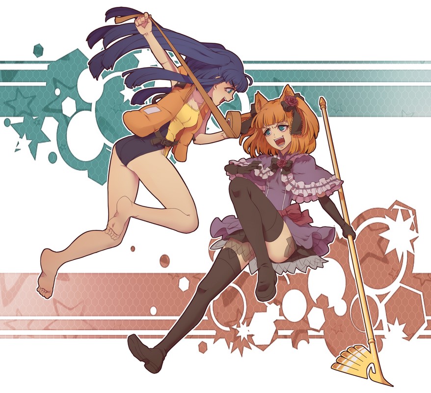 animal_ears barefoot blue_hair bow bowtie eva_beatrice feet flower furudo_erika hair_ornament legs life_vest multiple_girls niso one-piece_swimsuit orange_hair school_swimsuit staff swimsuit thighhighs twintails umineko_no_naku_koro_ni