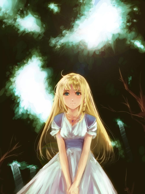 blonde_hair dress heroine_(seiken_densetsu_1) kurai_(campanella) long_hair seiken_densetsu seiken_densetsu_1 solo tree