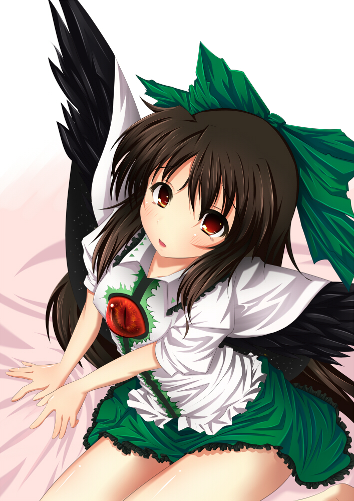 bed bow brown_eyes brown_hair eyes green_bow hair_bow hair_ribbon inu3 long_hair red_eyes reiuji_utsuho ribbon solo touhou wings