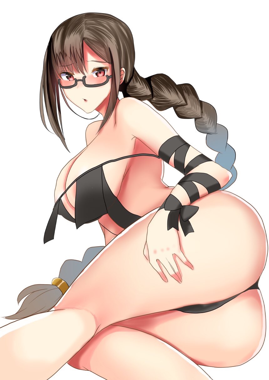 1girl abi_(abimel10) areola_slip areolae ass bangs bare_shoulders black-framed_eyewear black_dress blush braid breasts brown_hair consort_yu_(fate) dress fate/grand_order fate_(series) glasses highres hips large_breasts long_hair looking_at_viewer low-tied_long_hair lying on_side red_eyes simple_background single_braid solo strapless strapless_dress thighs very_long_hair