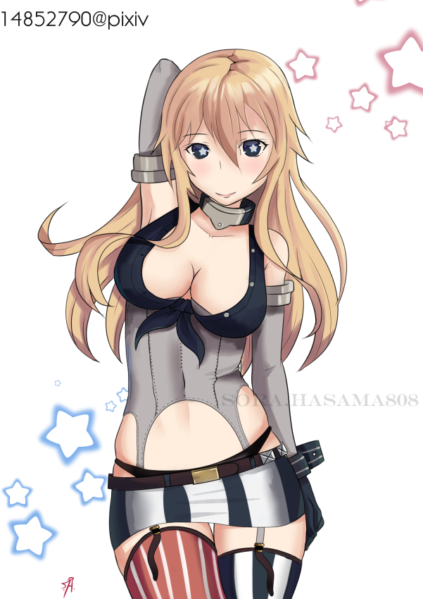 arm_up bad_id bad_pixiv_id blonde_hair blue_eyes breasts cleavage iowa_(kantai_collection) kantai_collection large_breasts long_hair miniskirt panties skirt solo sora_hasama star star-shaped_pupils symbol-shaped_pupils thighhighs underwear zettai_ryouiki