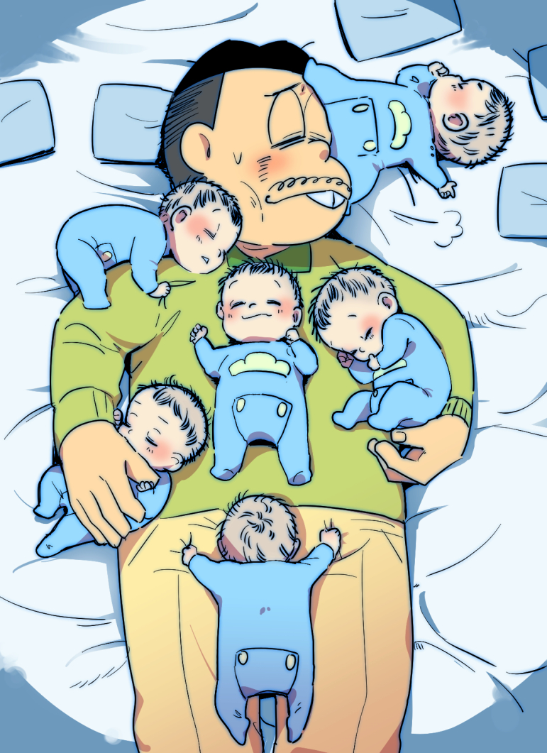 baby brothers buck_teeth facial_hair fat father_and_son lying male_focus matching_outfit matsuno_choromatsu matsuno_ichimatsu matsuno_juushimatsu matsuno_karamatsu matsuno_matsuzou matsuno_osomatsu matsuno_todomatsu multiple_boys mustache norujiro on_back onesie osomatsu-kun sextuplet_(osomatsu-kun) sextuplets siblings sleeping sweatdrop sweater younger