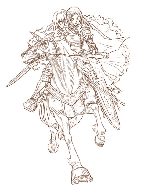 armor cape fujino_shizuru full_body horse huu00 knight kuga_natsuki monochrome multiple_girls my-hime princess riding sword weapon