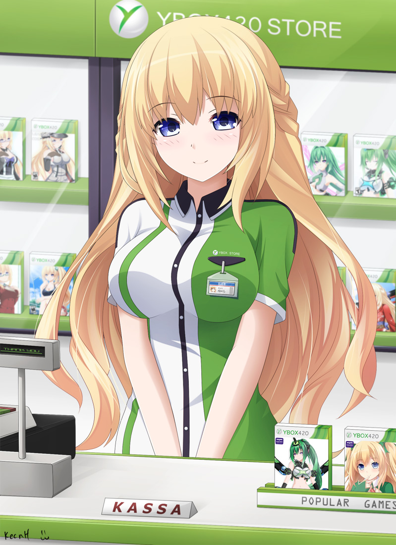 bismarck_(kantai_collection) bismarck_(kantai_collection)_(cosplay) blonde_hair blue_eyes blush brand_name_imitation breasts cosplay cover dutch employee_uniform finnish game_console game_cover green_heart indonesian kantai_collection keenh large_breasts long_hair looking_at_viewer name_tag neptune_(series) next_green smile swedish uniform vert vert's_sister video_game xbox_one