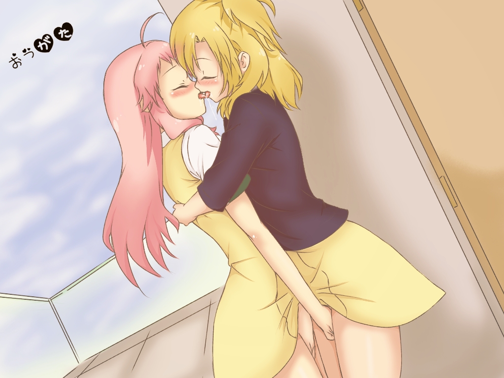 2girls anima_yell! blonde_hair blush eyes_closed fingering hatoya_kohane hug kiss multiple_girls open_mouth pink_hair saliva sawatari_uki tongue user_wdah5747 yuri