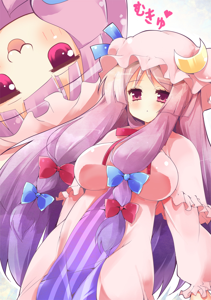 :3 akikaze_tsumuji bow breasts crescent hair_bow hat impossible_clothes impossible_shirt large_breasts long_hair mukyuu nightgown patchouli_knowledge purple_eyes purple_hair shirt solo touhou