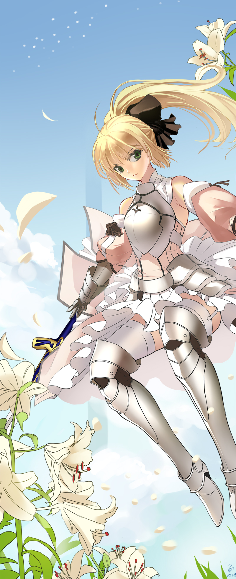 armor armored_dress artoria_pendragon_(all) bad_id bad_pixiv_id blonde_hair dress fate/stay_night fate/unlimited_codes fate_(series) flower green_eyes highres miyazaki_byou ponytail saber saber_lily solo thighhighs