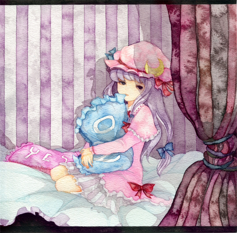 bad_id bad_pixiv_id bed black_eyes crescent dress frills hat long_hair long_sleeves mouth_hold no_nose patchouli_knowledge pillow pinkxxxna purple_hair ribbon sitting solo touhou traditional_media watercolor_(medium)
