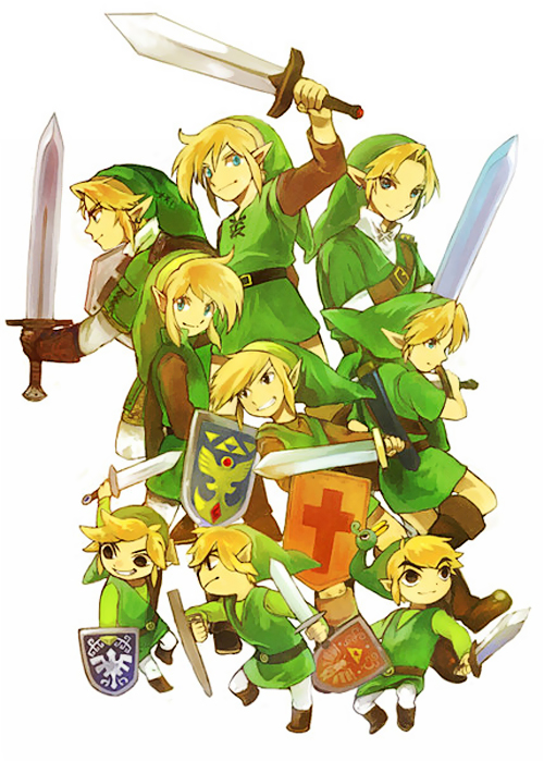 annotated bad_id bad_pixiv_id black_eyes blonde_hair blue_eyes ezlo grin hat link male_focus master_sword multiple_boys multiple_persona pointy_ears shield smile sword tetsu_(teppei) the_legend_of_zelda the_legend_of_zelda:_a_link_to_the_past the_legend_of_zelda:_ocarina_of_time the_legend_of_zelda:_the_minish_cap the_legend_of_zelda:_the_wind_waker the_legend_of_zelda:_twilight_princess the_legend_of_zelda_(nes) toon_link weapon young_link