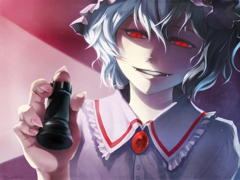 blue_hair board_game chess face fangs grin hands hat red_eyes remilia_scarlet short_hair slit_pupils smile solo touhou uruo