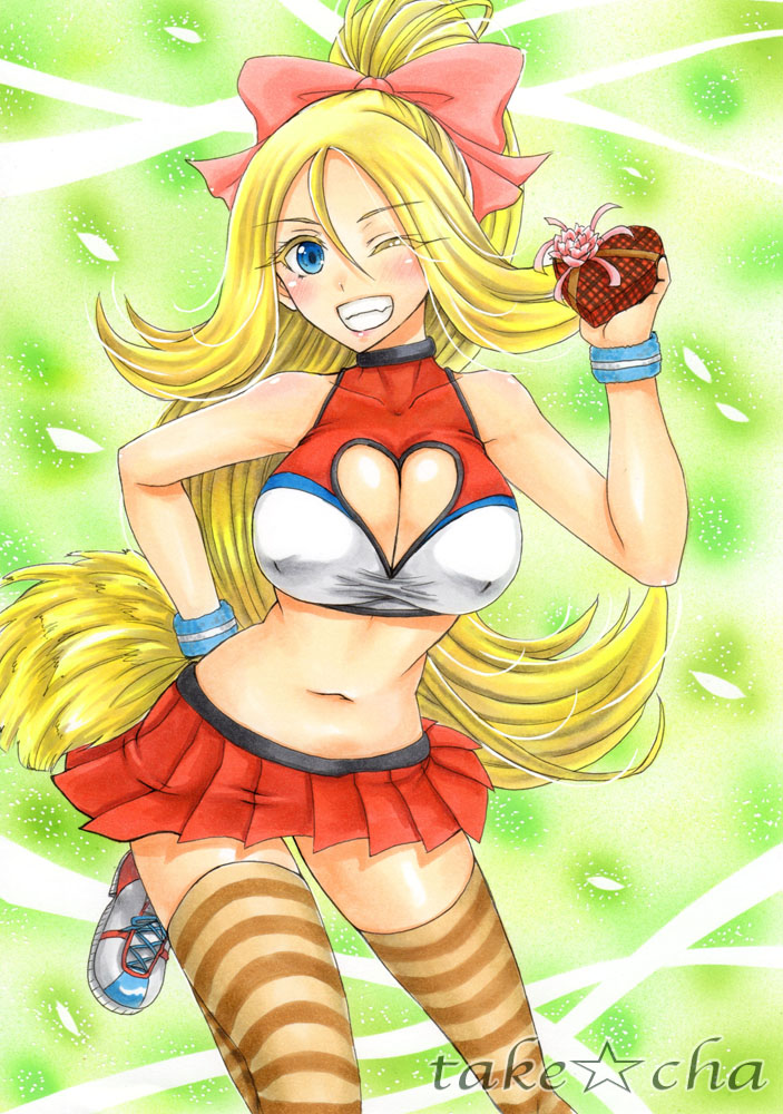 bare_shoulders blonde_hair blue_eyes blush breasts cheerleader cleavage cleavage_cutout erect_nipples gift grin gym_leader hair_ribbon heart heart_cutout koruni_(pokemon) large_breasts long_hair looking_at_viewer navel one_eye_closed pokemon pokemon_(game) pokemon_x_&amp;_y pokemon_xy ponytail ribbon shoe shoes skirt smile sneakers solo takecha thighhighs tied_hair very_long_hair wristband