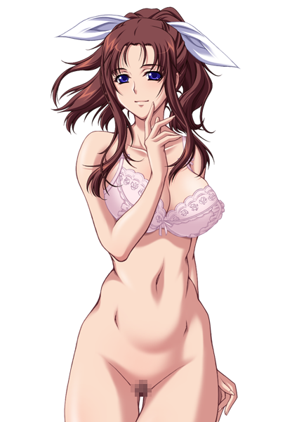 1girl areolae black_rainbow blue_eyes bottomless bra breasts brown_hair censored game_cg large_breasts legs long_hair looking_at_viewer milf navel nude ponytail pussy saiminjutsu_2 simple_background solo standing takase_shino thighs underwear white_background yoshino_keiko