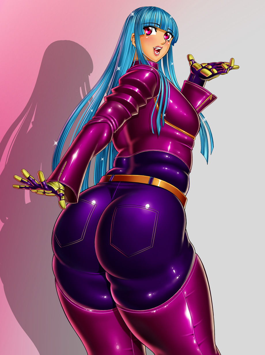 ass blue_hair blush circle_max denim from_behind gloves huge_ass jacket jeans king_of_fighters kula_diamond long_hair looking_back open_mouth pants purple_eyes shadow shiny shiny_clothes shiny_hair shiny_skin smile snk solo tight_pants