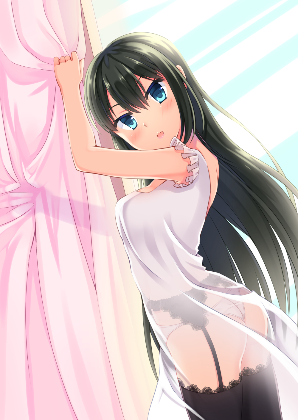 ass bad_id bad_pixiv_id black_hair black_legwear blue_eyes blush dress garter_belt highres lace lace-trimmed_garter_belt lace-trimmed_thighhighs lingerie long_hair looking_at_viewer looking_back nukoko_(akumagansyakudairi) open_mouth original panties see-through solo thighhighs underwear very_long_hair white_panties window