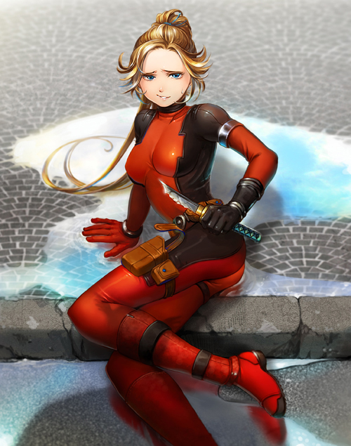 ass belt_pouch blonde_hair bodysuit broken broken_sword broken_weapon holster impossible_clothes iwasumi_tatsuhiko knife lady_deadpool marvel nervous ponytail pouch smile sweatdrop sword wanda_wilson weapon