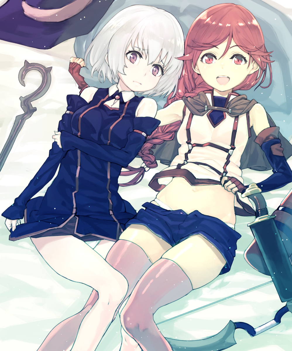 bad_anatomy bare_shoulders black_dress black_gloves bow_(weapon) braid dress elbow_gloves fingerless_gloves gloves hai_to_gensou_no_grimgar highres long_hair long_legs lying midriff multiple_girls on_back open_mouth panties pillow pink_eyes pink_legwear red_eyes red_hair shihoru_(grimgar) shirt short_dress short_hair shorts silver_hair single_braid smile staff subachi thighhighs underwear very_long_hair weapon white_panties yume_(grimgar)