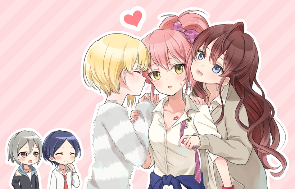 ^_^ bad_id bad_pixiv_id bangs black_hair blonde_hair blue_eyes blush bow brown_eyes brown_hair closed_eyes flirting girl_sandwich gobou_1000 hair_between_eyes hair_bow hayami_kanade heart ichinose_shiki idolmaster idolmaster_cinderella_girls jougasaki_mika lipps_(idolmaster) lipstick_mark long_hair miyamoto_frederica multiple_girls necktie open_mouth parted_bangs pink_hair sandwiched shiomi_shuuko short_hair smile wavy_hair yellow_eyes yuri