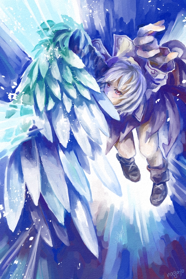 action bad_id bad_pixiv_id blocking boots brown_footwear brown_jacket covered_mouth directional_arrow dress hand_up jacket kishin_sagume legs long_sleeves nagayo purple_dress red_eyes short_dress short_hair silver_hair single_wing solo touhou wings