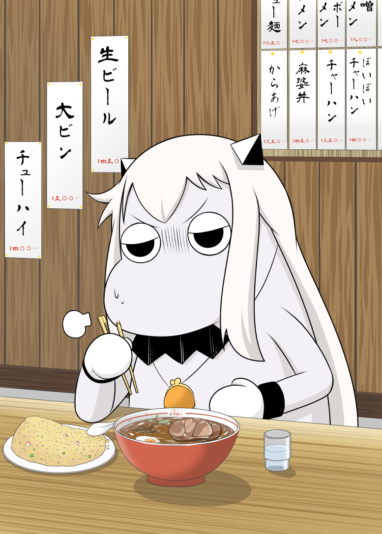 bowl broken_chopsticks chopsticks commentary_request food fried_rice holding horns kantai_collection mittens moomin muppo no_humans noodles northern_ocean_hime ramen sazanami_konami shinkaisei-kan sweat translated truth