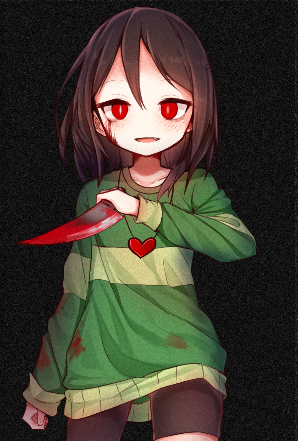 androgynous bike_shorts blood blood_on_face bloody_clothes bloody_knife bloody_weapon blush brown_hair chara_(undertale) collarbone cowboy_shot dagger darnell evil_smile fang heart heart_necklace highres holding holding_weapon jewelry knife necklace open_mouth pendant red_eyes reverse_grip shorts smile solo spoilers static striped striped_sweater sweater undertale weapon