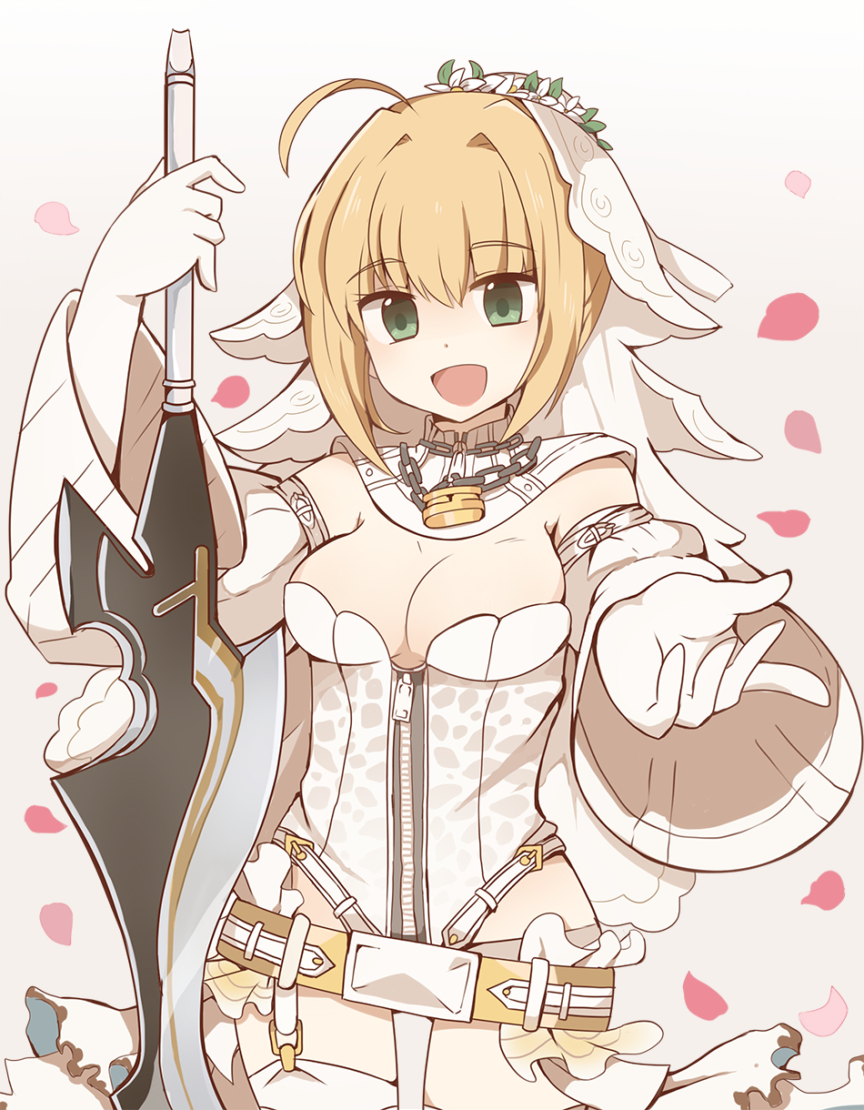 :d aestus_estus ahoge animal_print arm_strap bangs belt belt_buckle blonde_hair blurry breasts bridal_veil buckle chain cleavage cowboy_shot depth_of_field detached_collar detached_sleeves elbow_gloves eyebrows_visible_through_hair fate/extra fate/extra_ccc fate/grand_order fate_(series) flower flower_wreath foreshortening full-length_zipper garter_straps gloves gradient gradient_background green_eyes grey_background hair_between_eyes hair_intakes hand_up happy head_wreath highres holding holding_sword holding_weapon leopard_print leotard lock looking_at_viewer loose_belt md5_mismatch medium_breasts nero_claudius_(bride)_(fate) nero_claudius_(fate)_(all) open_mouth outstretched_arm outstretched_hand padlock petals planted_sword planted_weapon puffy_detached_sleeves puffy_sleeves rabi_(swordofthestone) reverse_grip showgirl_skirt sidelocks skirt smile solo standing strapless strapless_leotard sword thighhighs tied_hair turtleneck veil weapon white_flower white_gloves white_legwear white_leotard white_skirt white_sleeves wide_sleeves zipper zipper_pull_tab